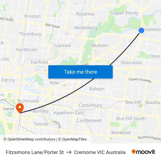 Fitzsimons Lane/Porter St to Cremorne VIC Australia map