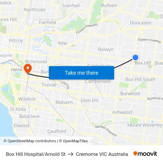 Box Hill Hospital/Arnold St to Cremorne VIC Australia map