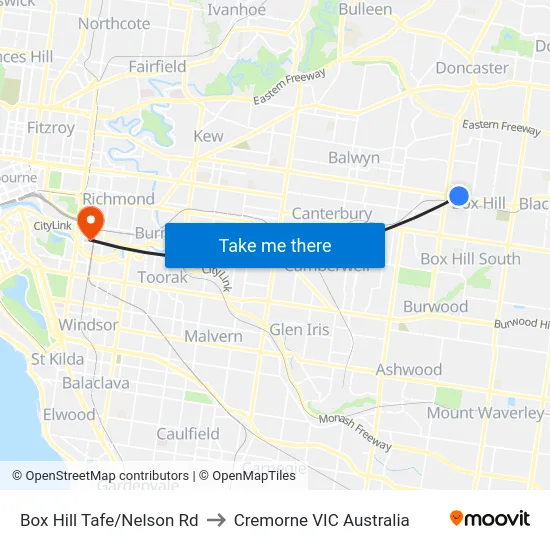 Box Hill Tafe/Nelson Rd to Cremorne VIC Australia map
