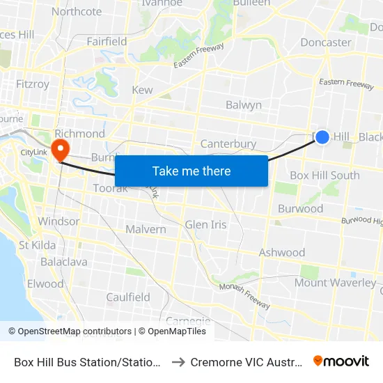 Box Hill Bus Station/Station St to Cremorne VIC Australia map
