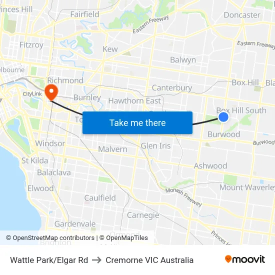 Wattle Park/Elgar Rd to Cremorne VIC Australia map