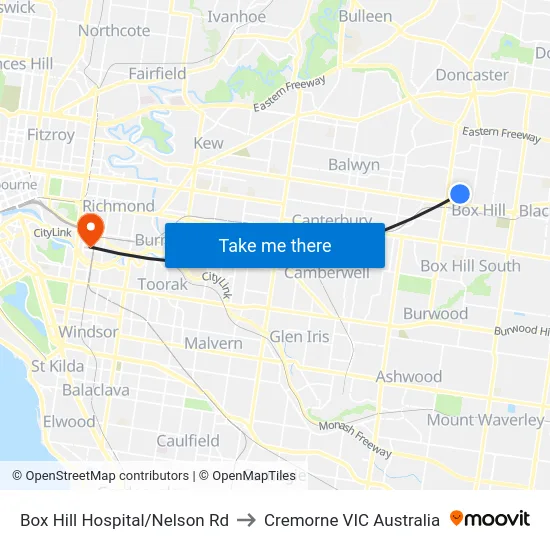 Box Hill Hospital/Nelson Rd to Cremorne VIC Australia map
