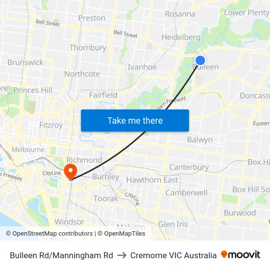 Bulleen Rd/Manningham Rd to Cremorne VIC Australia map
