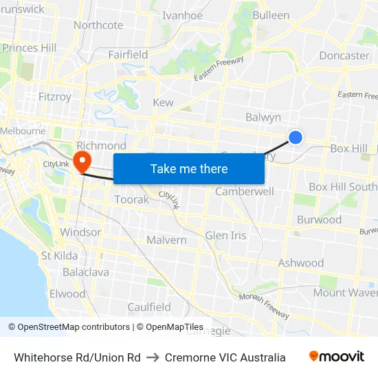 Whitehorse Rd/Union Rd to Cremorne VIC Australia map