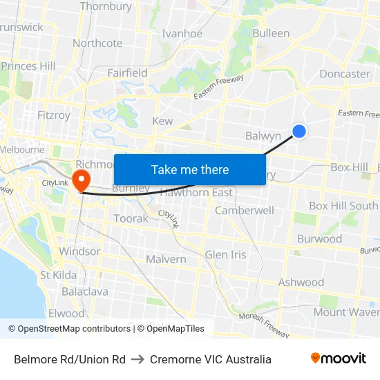 Belmore Rd/Union Rd to Cremorne VIC Australia map