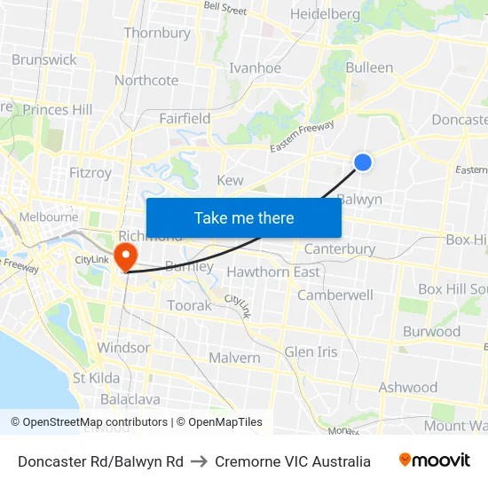 Doncaster Rd/Balwyn Rd to Cremorne VIC Australia map