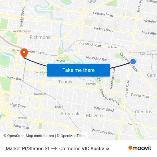 Market Pl/Station St to Cremorne VIC Australia map