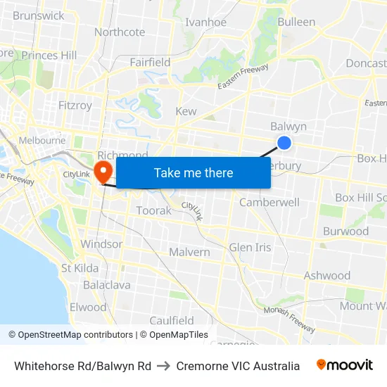 Whitehorse Rd/Balwyn Rd to Cremorne VIC Australia map