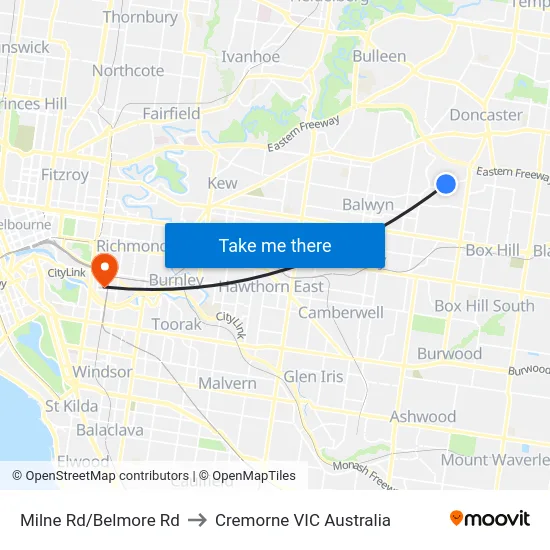 Milne Rd/Belmore Rd to Cremorne VIC Australia map