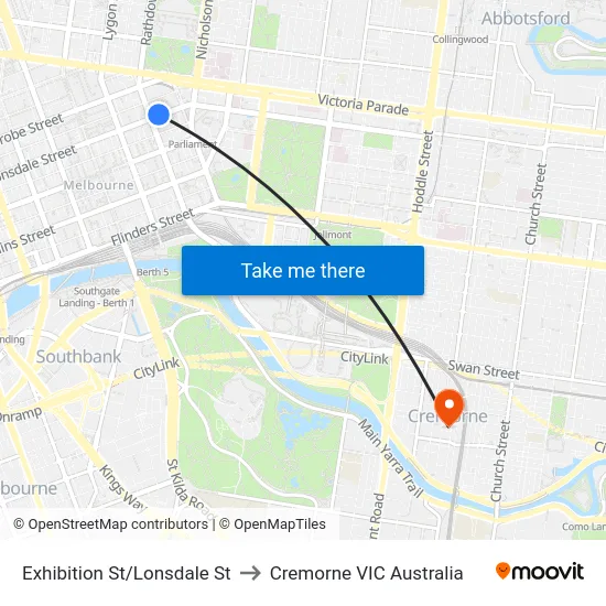 Exhibition St/Lonsdale St to Cremorne VIC Australia map