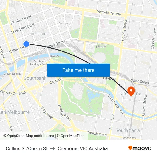 Collins St/Queen St to Cremorne VIC Australia map