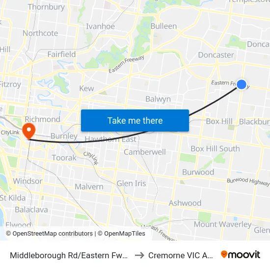 Middleborough Rd/Eastern Fwy On-Ramp to Cremorne VIC Australia map