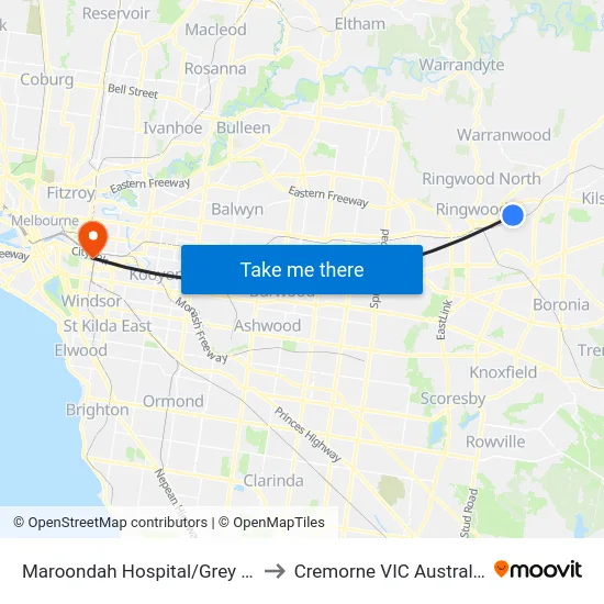 Maroondah Hospital/Grey St to Cremorne VIC Australia map