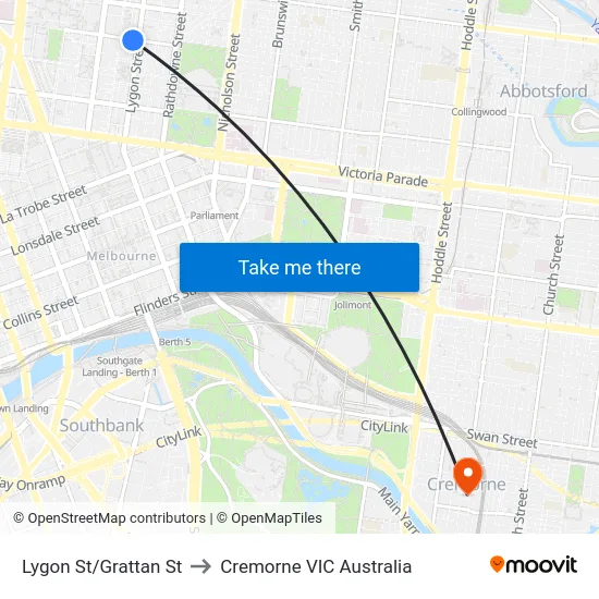 Lygon St/Grattan St to Cremorne VIC Australia map