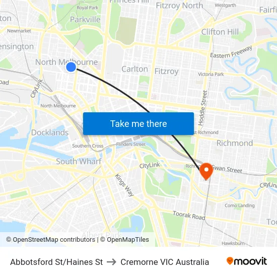 Abbotsford St/Haines St to Cremorne VIC Australia map