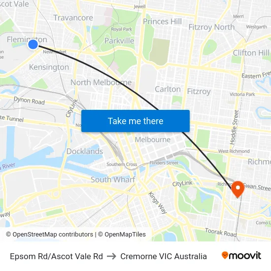 Epsom Rd/Ascot Vale Rd to Cremorne VIC Australia map