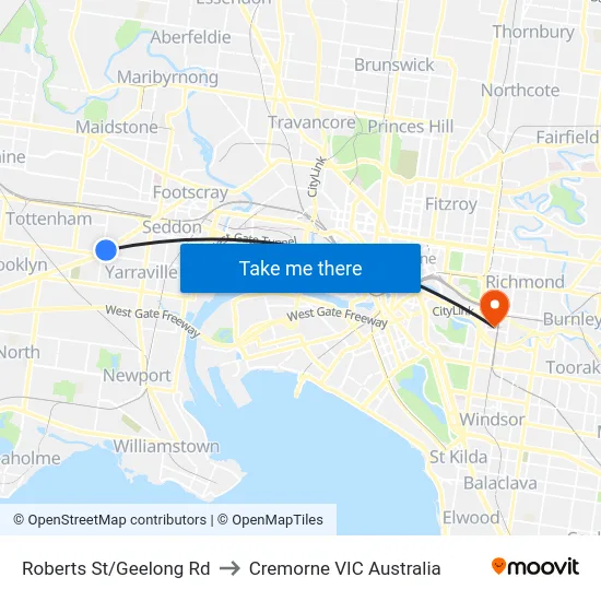 Roberts St/Geelong Rd to Cremorne VIC Australia map