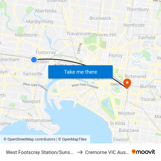 West Footscray Station/Sunshine Rd to Cremorne VIC Australia map