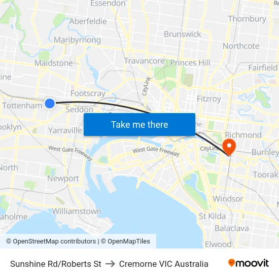 Sunshine Rd/Roberts St to Cremorne VIC Australia map