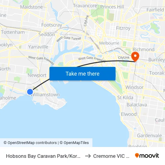 Hobsons Bay Caravan Park/Kororoit Creek Rd to Cremorne VIC Australia map