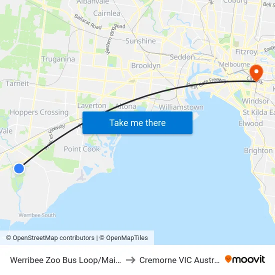 Werribee Zoo Bus Loop/Main Dr to Cremorne VIC Australia map