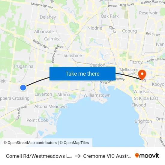 Cornell Rd/Westmeadows Lane to Cremorne VIC Australia map