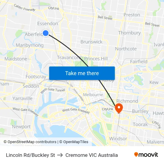Lincoln Rd/Buckley St to Cremorne VIC Australia map