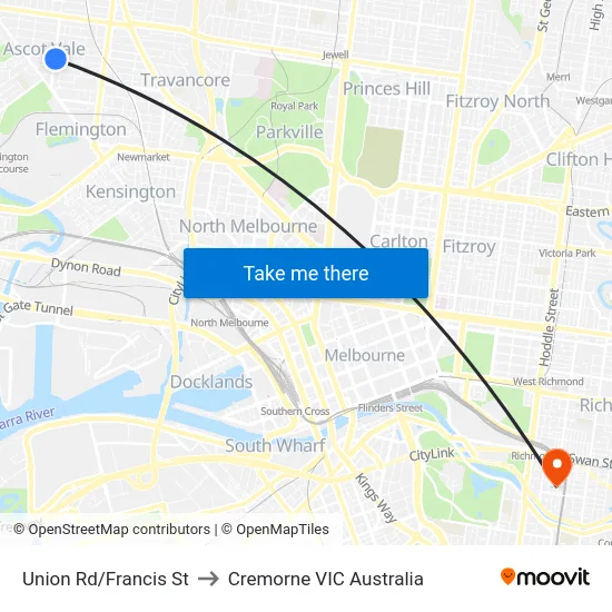 Union Rd/Francis St to Cremorne VIC Australia map