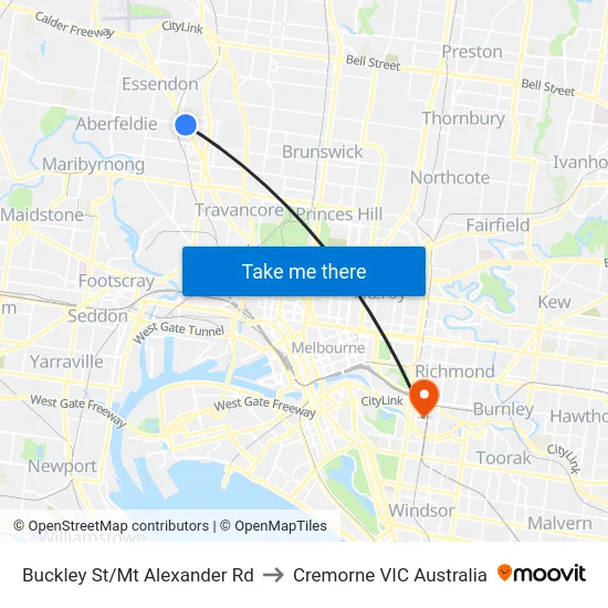 Buckley St/Mt Alexander Rd to Cremorne VIC Australia map