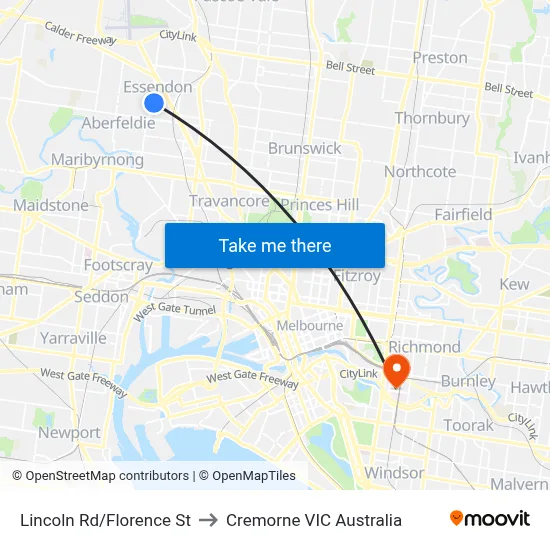 Lincoln Rd/Florence St to Cremorne VIC Australia map