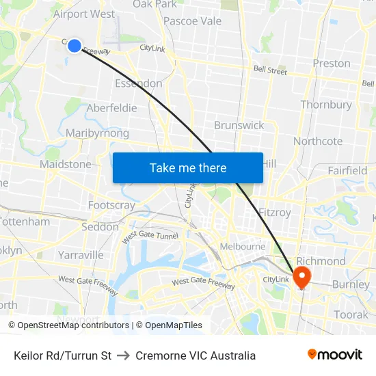 Keilor Rd/Turrun St to Cremorne VIC Australia map