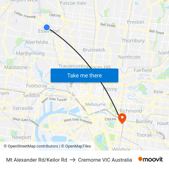 Mt Alexander Rd/Keilor Rd to Cremorne VIC Australia map