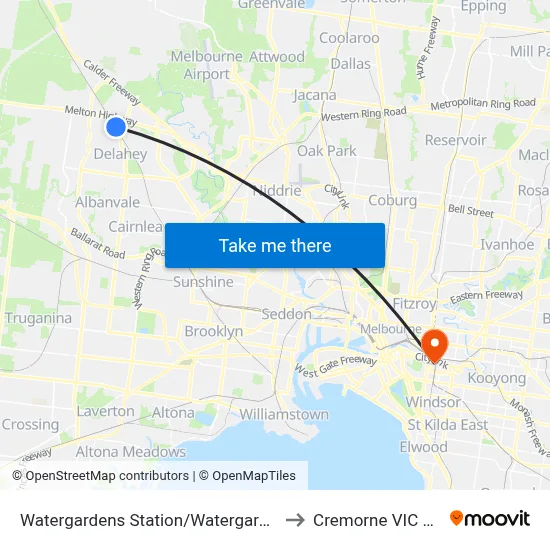 Watergardens Station/Watergardens Circuit Rd to Cremorne VIC Australia map