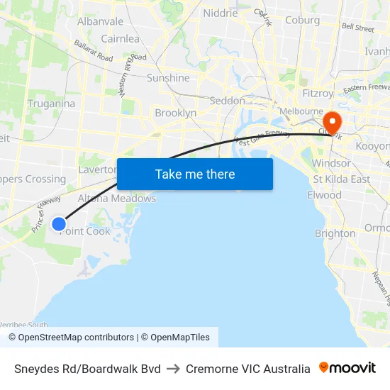 Sneydes Rd/Boardwalk Bvd to Cremorne VIC Australia map