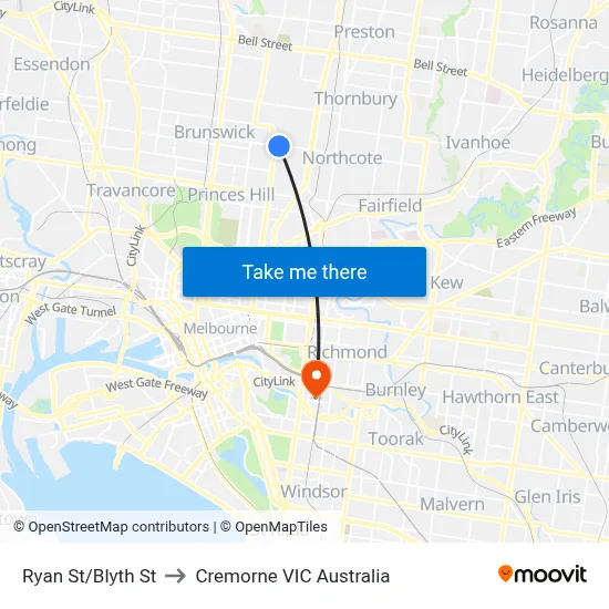Ryan St/Blyth St to Cremorne VIC Australia map