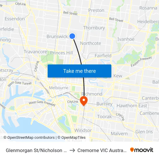 Glenmorgan St/Nicholson St to Cremorne VIC Australia map
