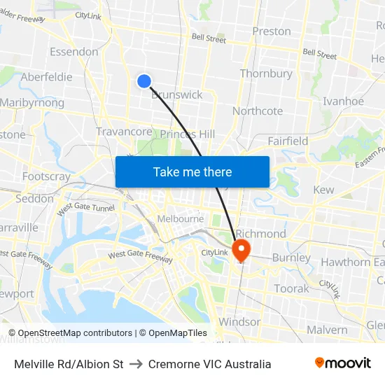 Melville Rd/Albion St to Cremorne VIC Australia map