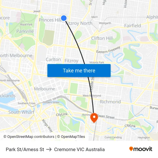 Park St/Amess St to Cremorne VIC Australia map