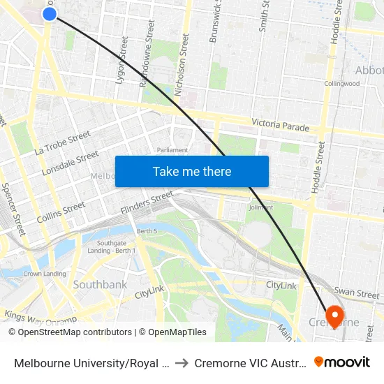 Melbourne University/Royal Pde to Cremorne VIC Australia map