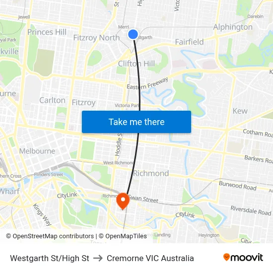 Westgarth St/High St to Cremorne VIC Australia map