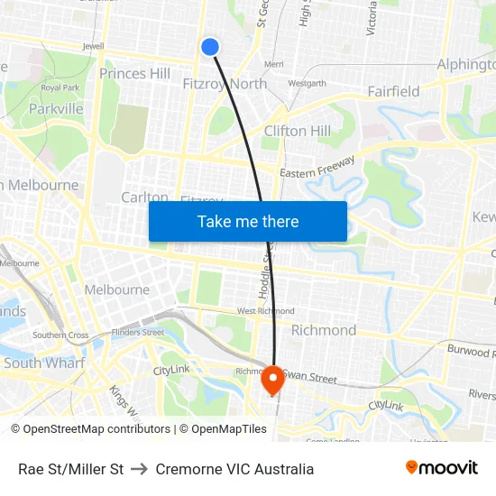 Rae St/Miller St to Cremorne VIC Australia map
