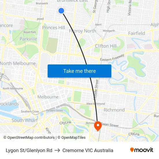 Lygon St/Glenlyon Rd to Cremorne VIC Australia map