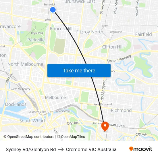 Sydney Rd/Glenlyon Rd to Cremorne VIC Australia map