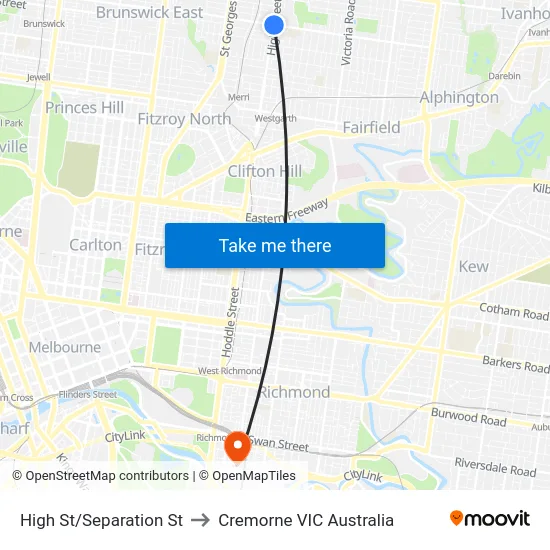 High St/Separation St to Cremorne VIC Australia map