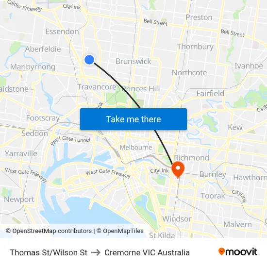 Thomas St/Wilson St to Cremorne VIC Australia map