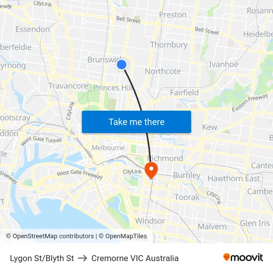 Lygon St/Blyth St to Cremorne VIC Australia map