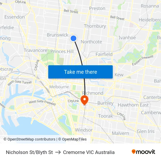 Nicholson St/Blyth St to Cremorne VIC Australia map