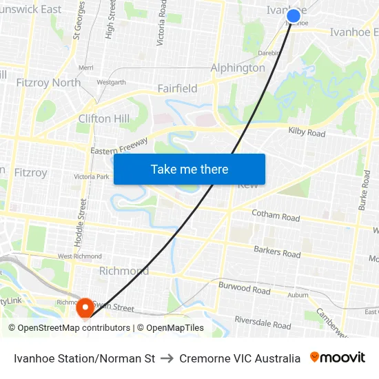 Ivanhoe Station/Norman St to Cremorne VIC Australia map