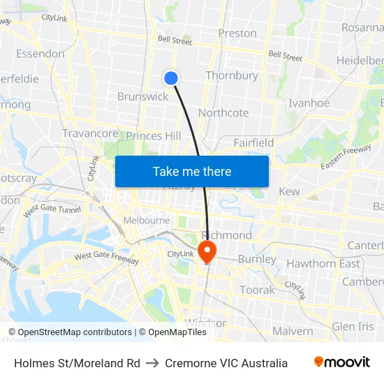 Holmes St/Moreland Rd to Cremorne VIC Australia map