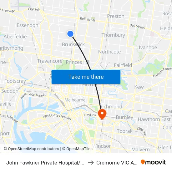 John Fawkner Private Hospital/Moreland Rd to Cremorne VIC Australia map